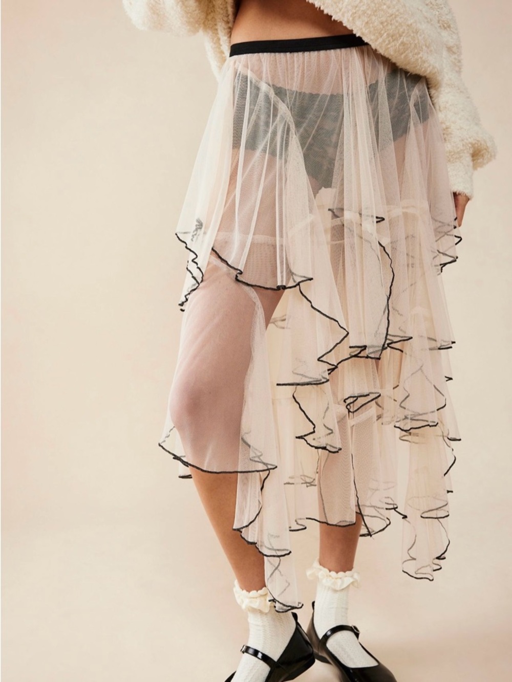 Free People Sheer Blush Midi Tulle Skirt with Black Trim